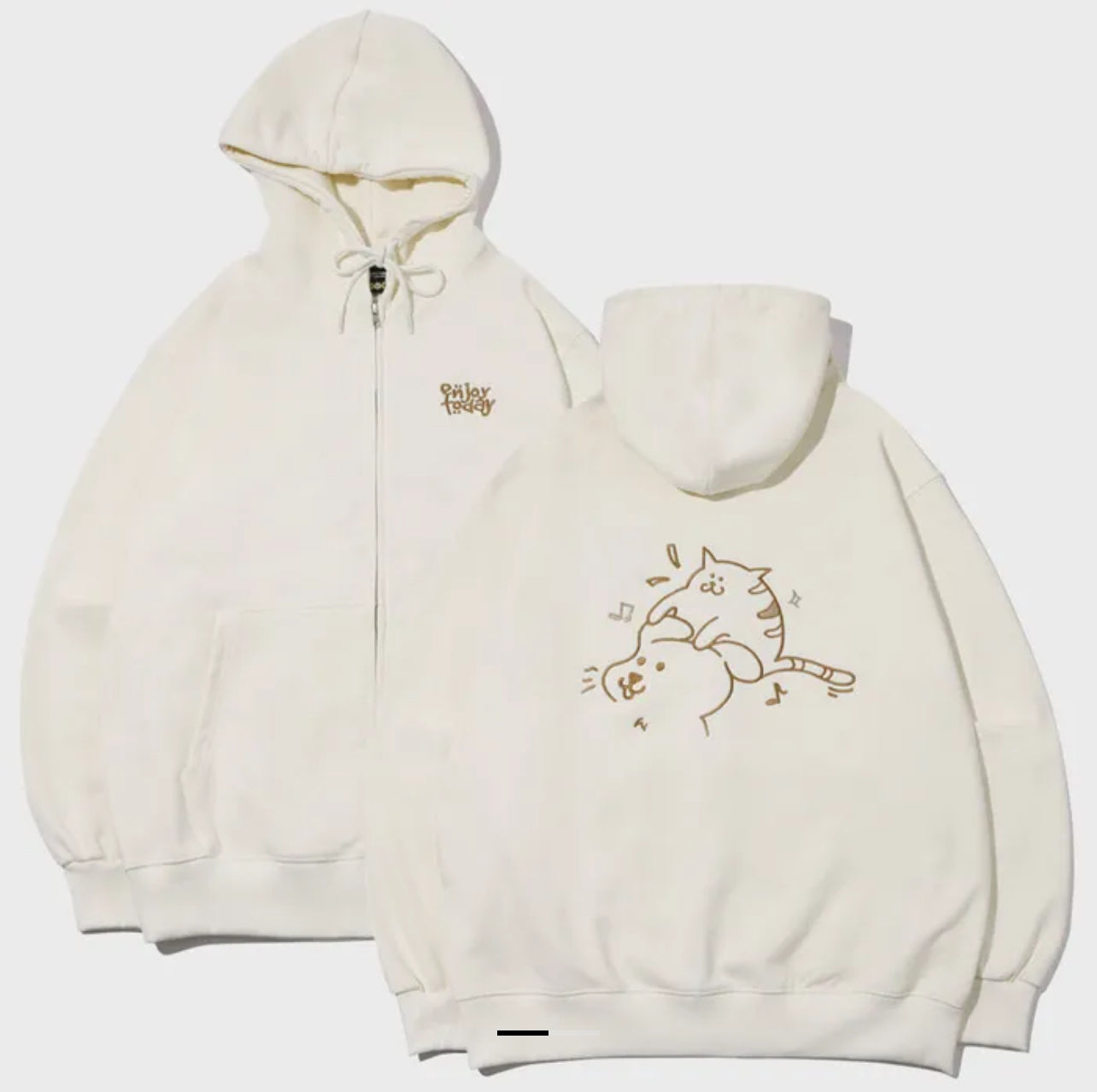 Korean Collection Enjoy Cat Zip Up Oversize Beige Hoodie (Instock)