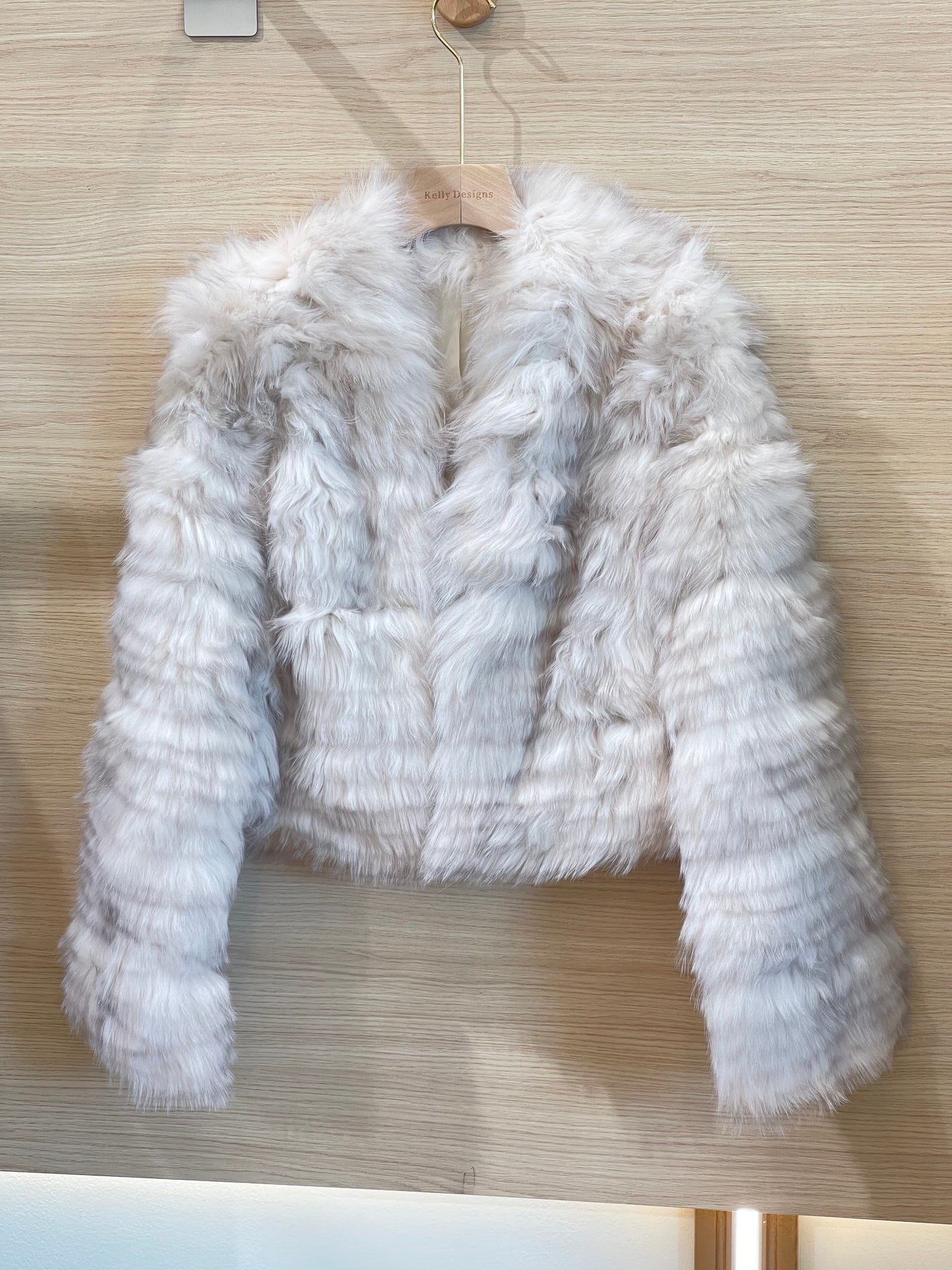 Kelly Designs White Fox Fur Coat with Panel Stitch Design- V Neck(Instock)