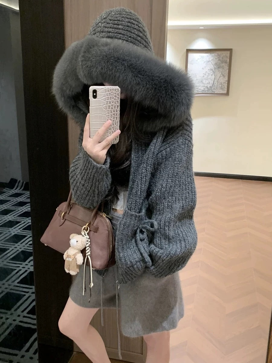 Kelly Designs Fox Fur Grey Zip Up Ribbons Hoodie (Instock)