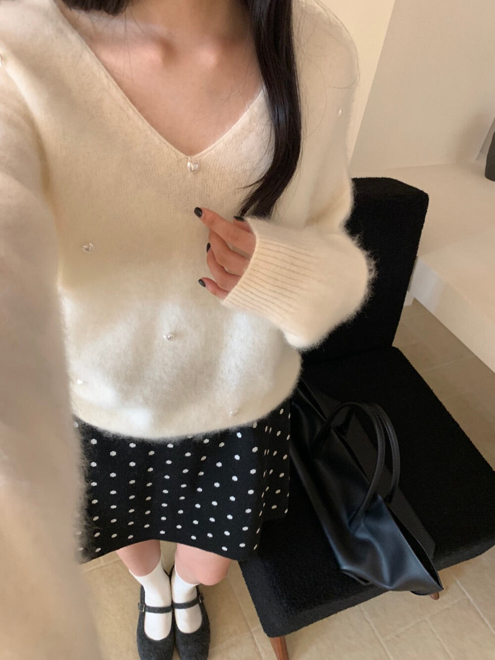 Kelly Designs Multi-Color Cashmere Wool V-Neck Pearl Brushed Sweater (Instock)