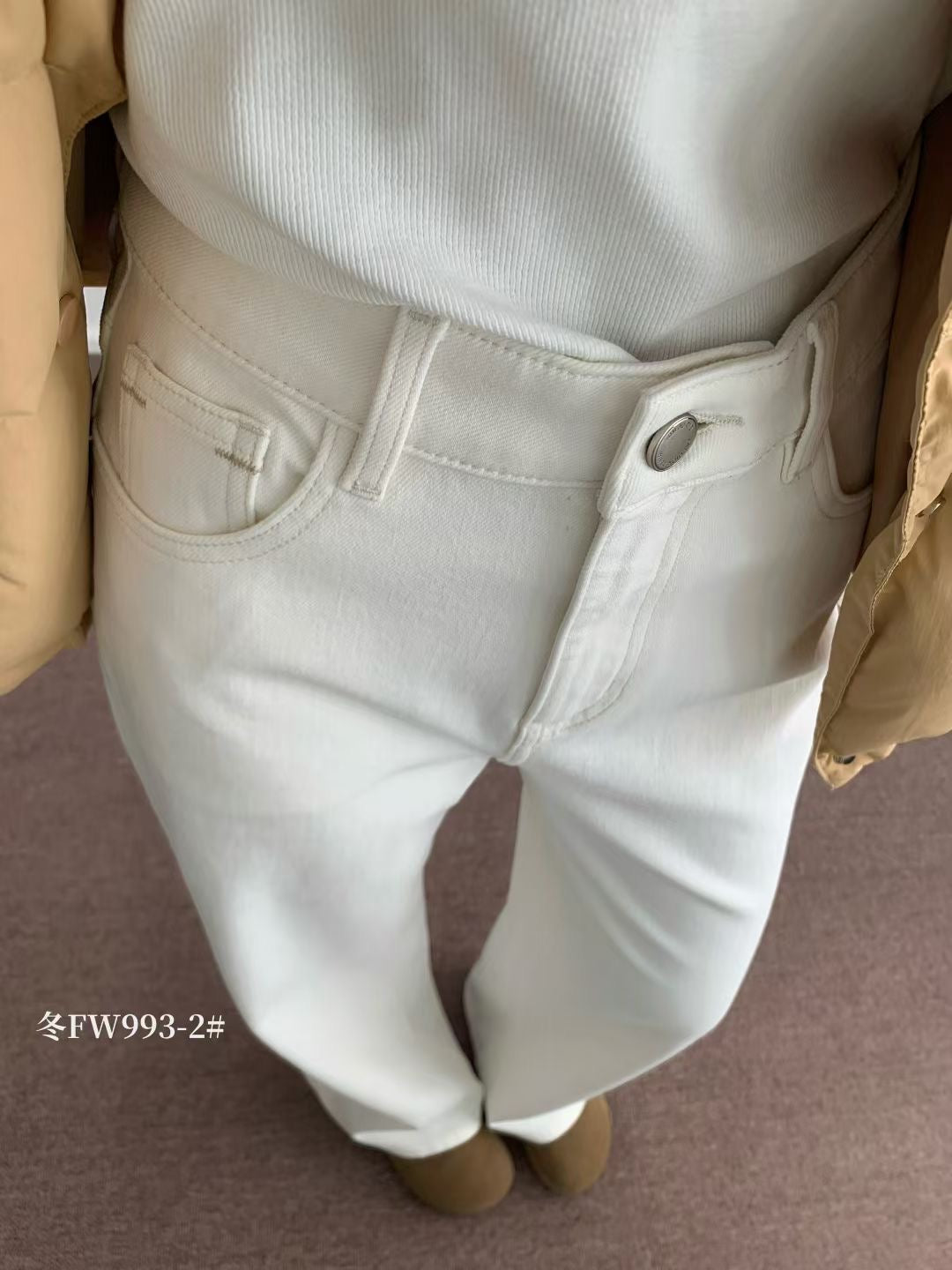 Kelly Designs Fleece-Lined Straight Denim White Pants(Instock)