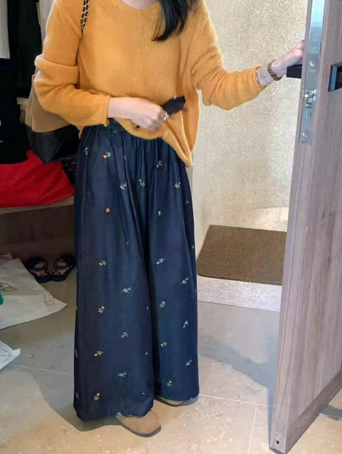 Kelly Designs Embroidery Flowers Navy Jeans (Instock)