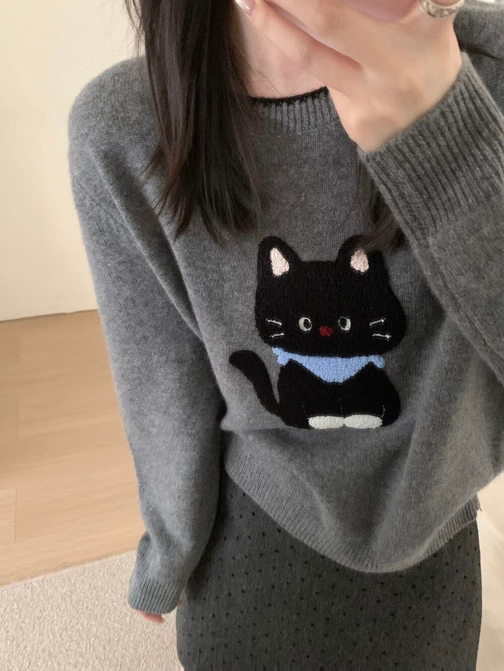 Kelly Designs “Coal Cat” Embroidery Wool Knit (100% Wool) (Instock)