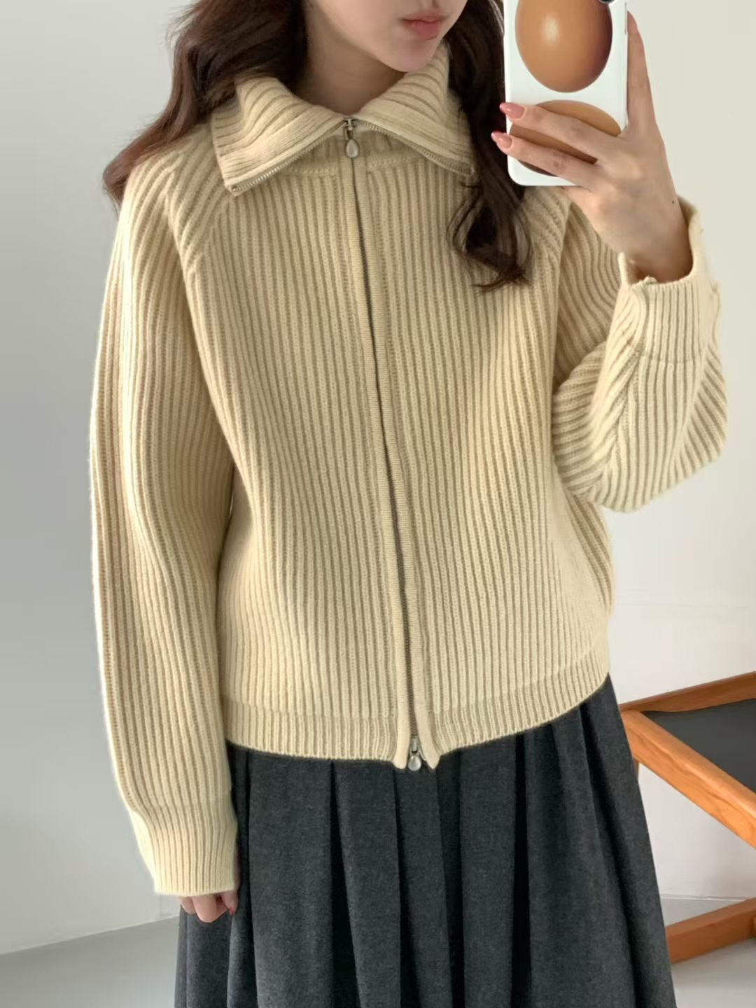 Korean APM Collection EGG PREMIUM CASHMERE SUPER FINE MERINO WOOL Zip Up Yellow Cardigan (Instock)