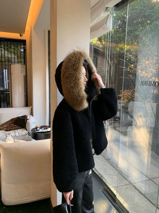 Kelly Designs Wool hoodie cardigan with-Finn raccoon fur Black (Instock)