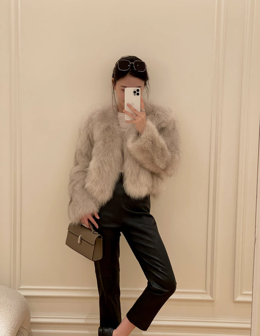 Kelly Designs Grey Brown Fox Fur V Neck Jacket (instock)