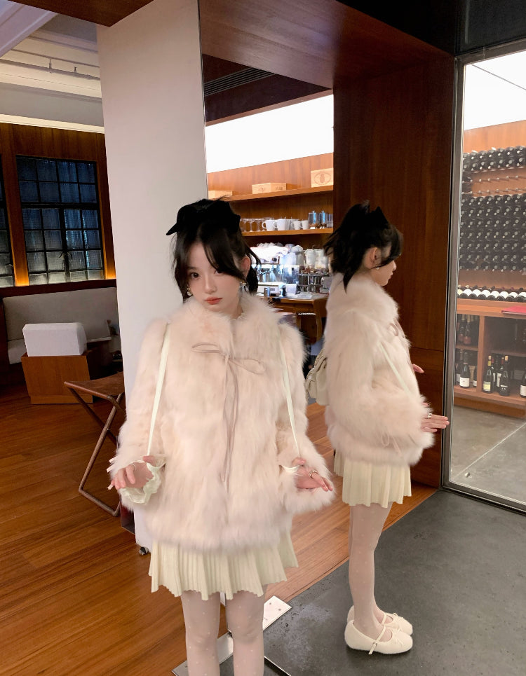 Kelly Designs Pink Fox Fur Coat with Bow Detail (Instock)