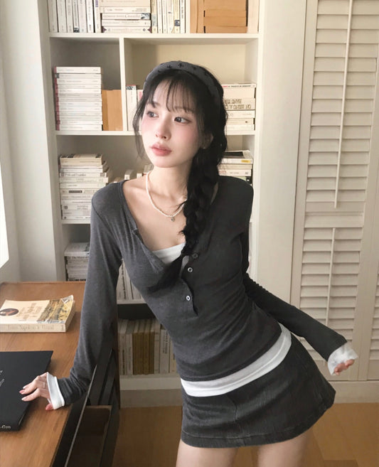 Korean Collection Fake 2Pcs Grey Top (Instock)