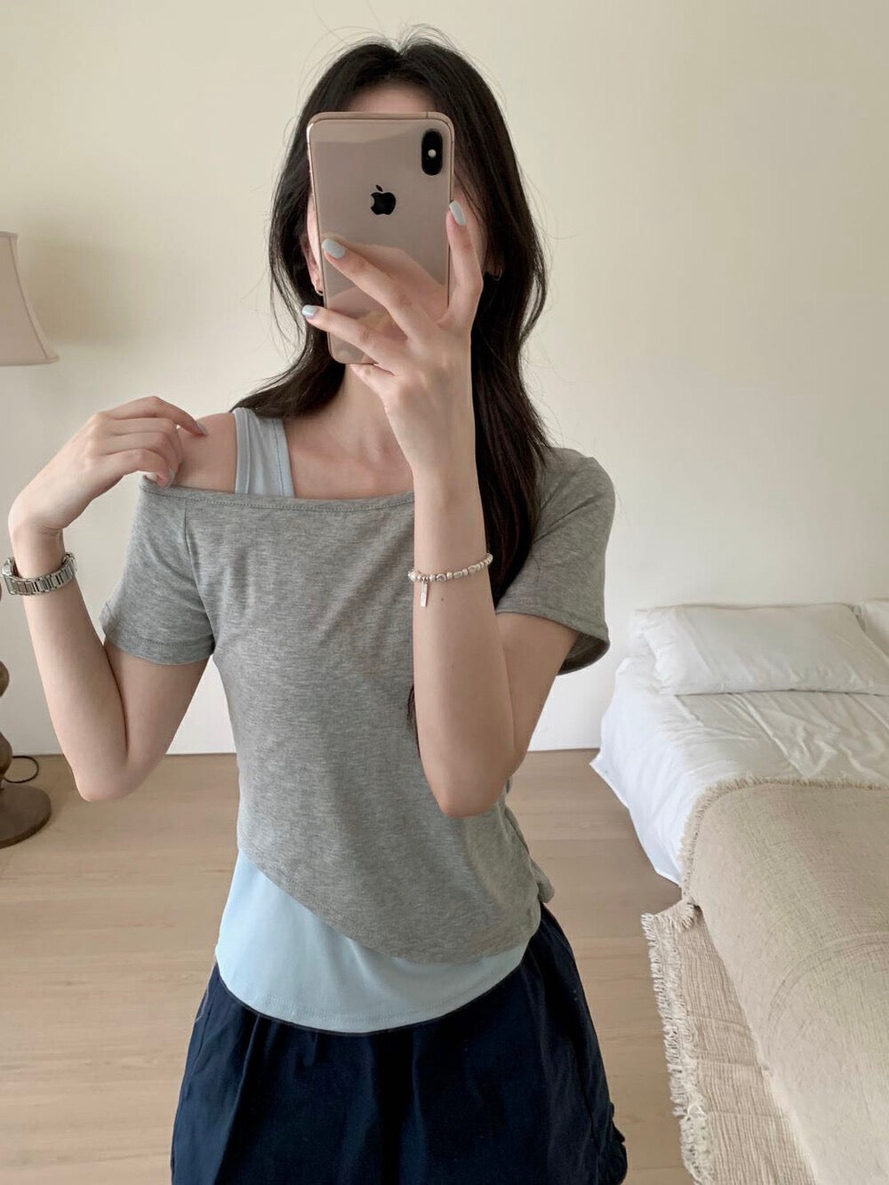 Kelly Designs Faux Layered Off-Shoulder Grey Tee (Instock)