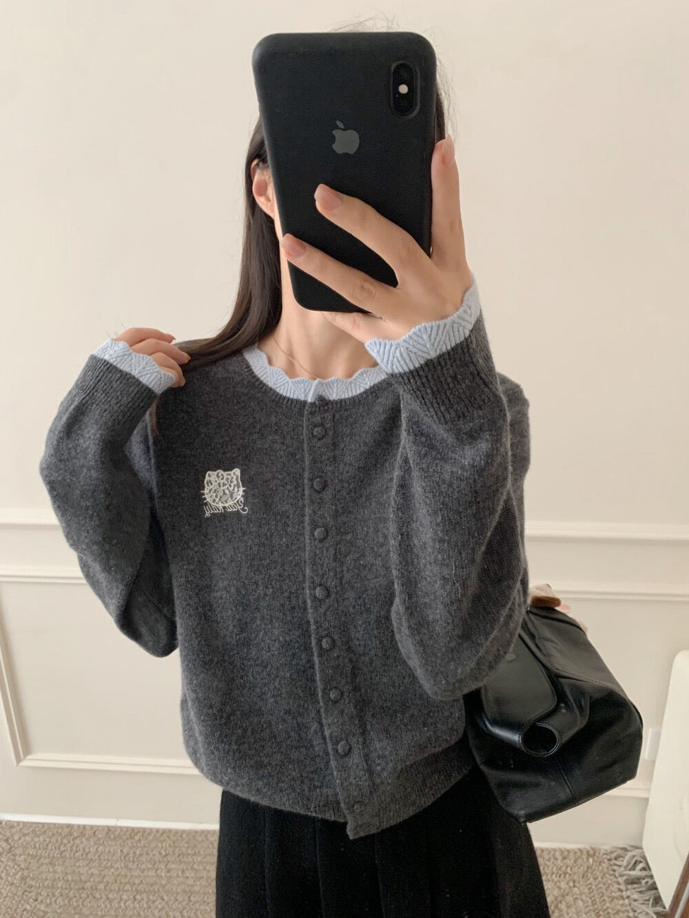 Kelly Designs Embroidery Kitty Grey Wool Cardigan (Instock)