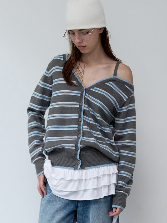 Korean Collection Rolarola ONE OFF SHOULDER STRIPE WOOL BLENDED Cardigan Gray (InStock)