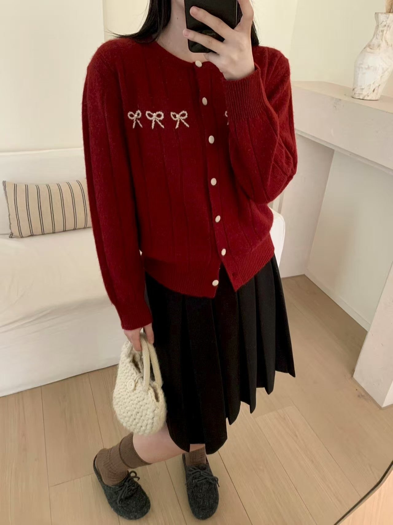 Kelly Designs Wool Bow Embroidery Knit Red Cardigan (Instock)