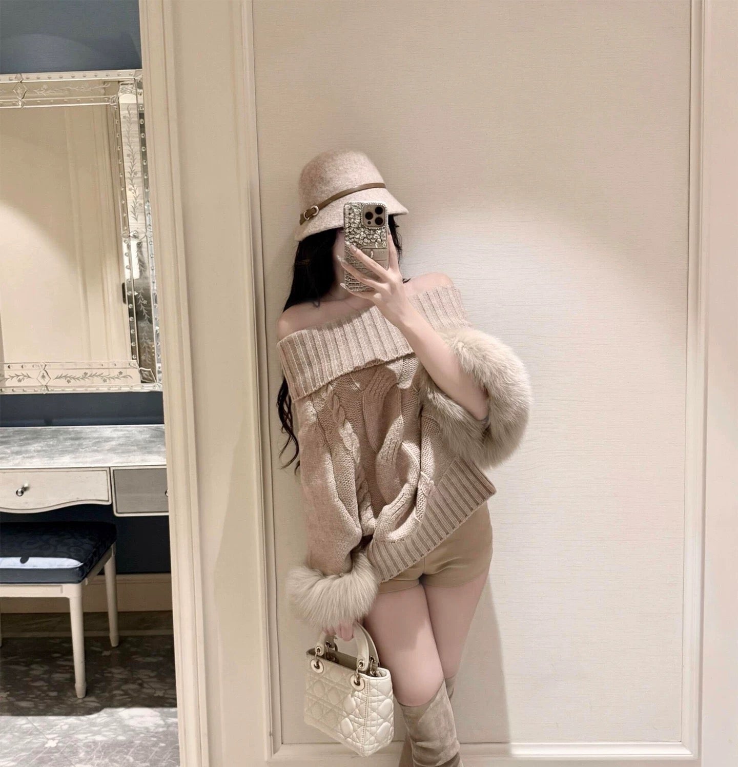 Kelly Designs 2 Ways Fox Fur Khaki Sweater (Instock)