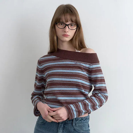 Rolarola One Off Shoulder Stripe Knit BR+BL (Instock)