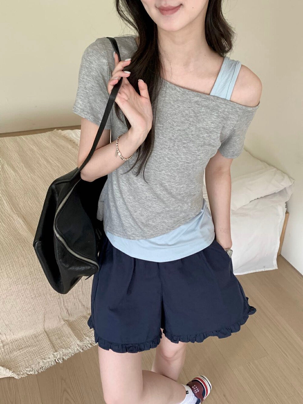 Kelly Designs Faux Layered Off-Shoulder Grey Tee (Instock)
