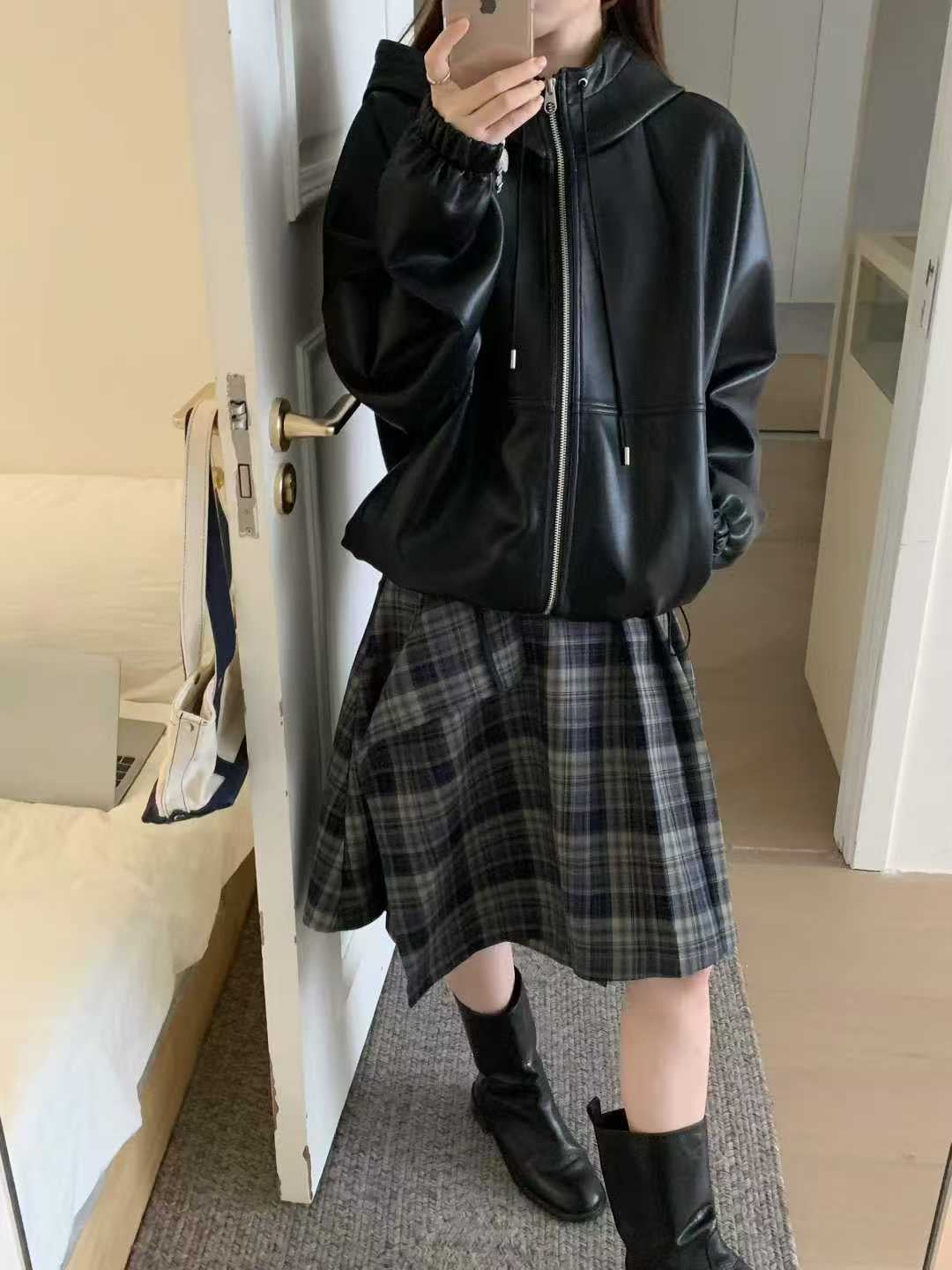 Kelly Designs PU Leather Zip-Up Hoodie Black Jacket (Preorder)