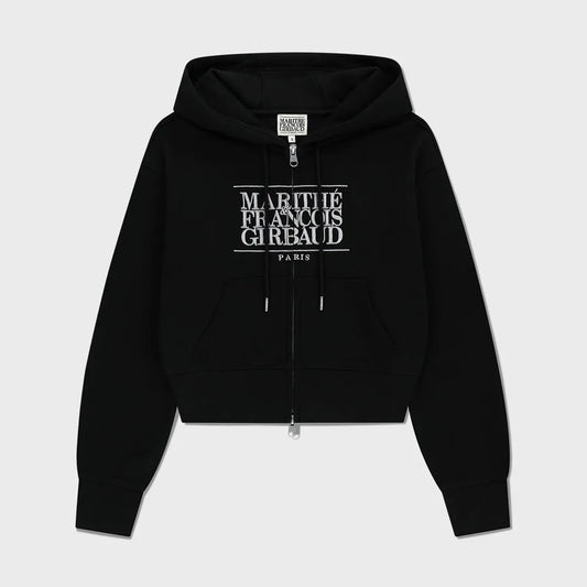 Marithe W Embroidery Classic Logo Crop Hoodie Zipup Black(Instock)