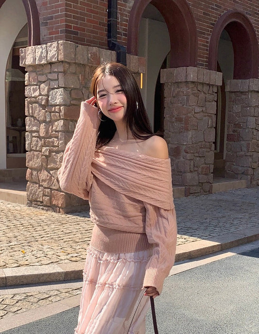 Kelly Designs Elegant Off-Shoulder Cable Knit Sweater (Instock)