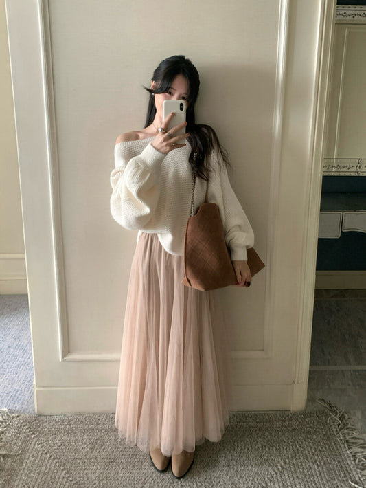 Kelly Designs Off-Shoulder Knit Sweater with Back Ribbon Tie & Khaki Skirt (Instock)