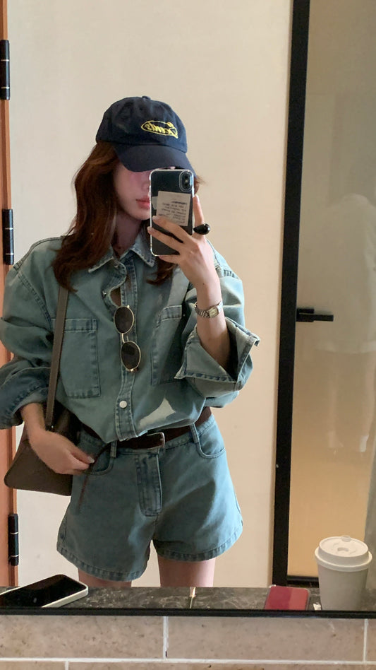 Kelly Designs Denim Two-Piece Set – Oversized Shirt & High-Waist Shorts (Instock)