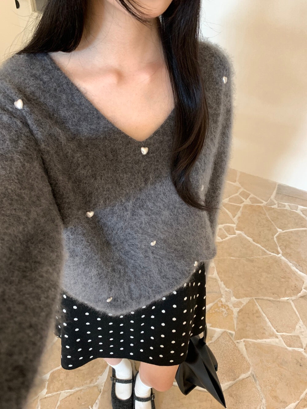 Kelly Designs Multi-Color Cashmere Wool V-Neck Pearl Brushed Sweater (Instock)