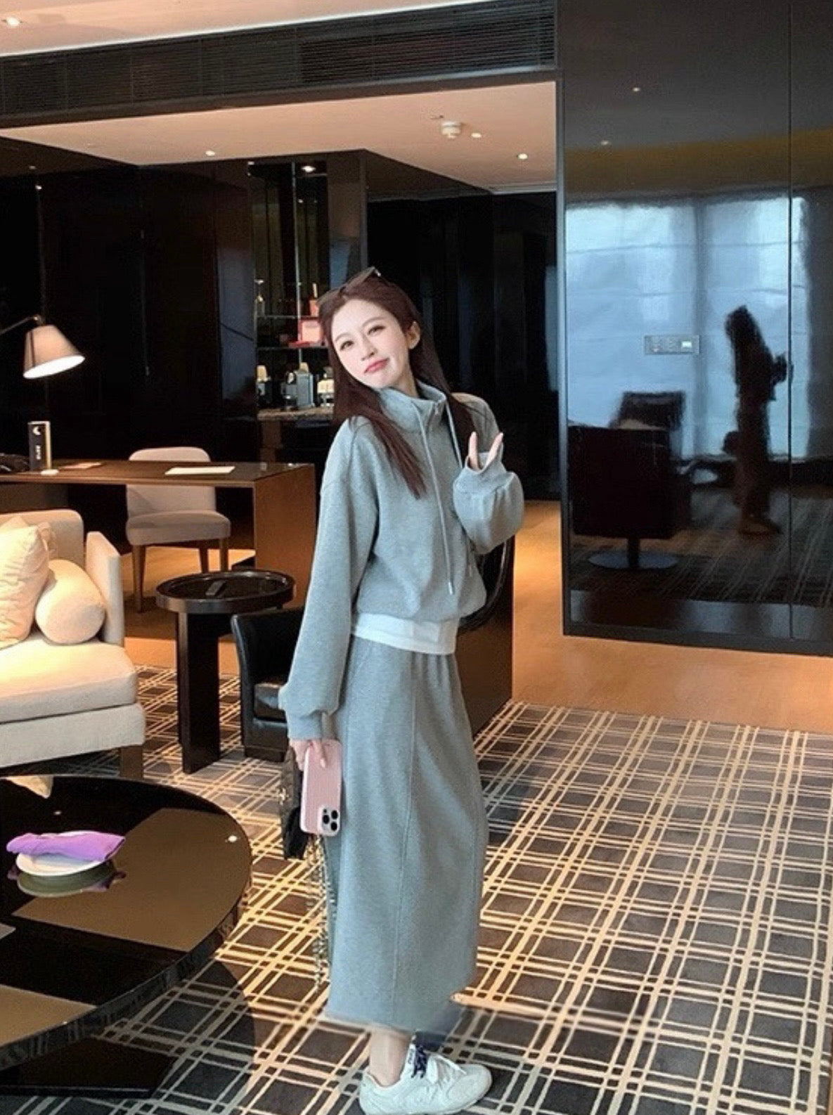 Kelly Designs Two-Piece Hoodie & Midi Skirt Set - Pink/Grey (Instock)