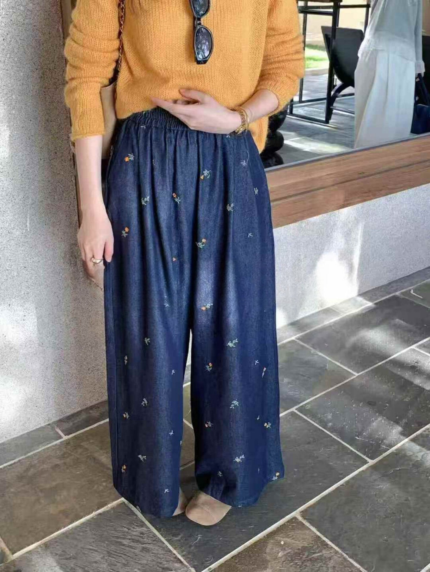 Kelly Designs Embroidery Flowers Navy Jeans (Instock)