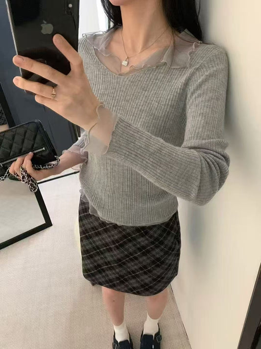 Kelly Designs Knit Grey Lace Top(Instock)