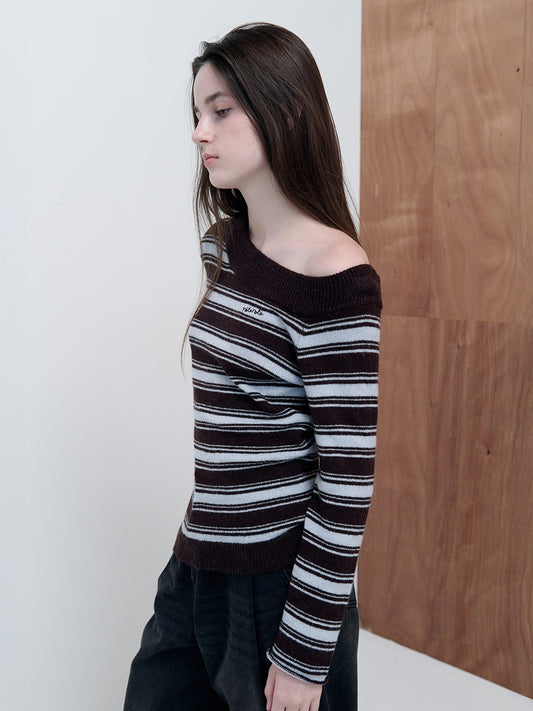 Korean Collection Rolarola UNBALANCED OFF SHOULDER STRIPE KNIT BR+BL (Instock)