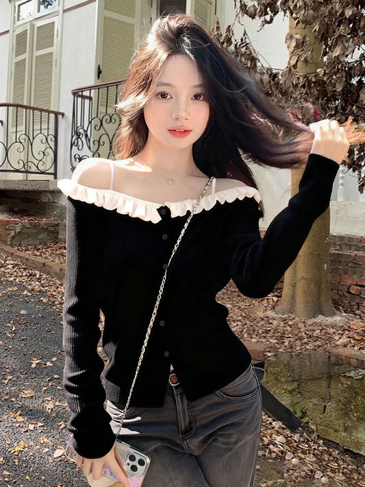 Kelly Designs Off-Shoulder Ruffle Knit Cardigan – Soft Girl Button Black Top (Instock)