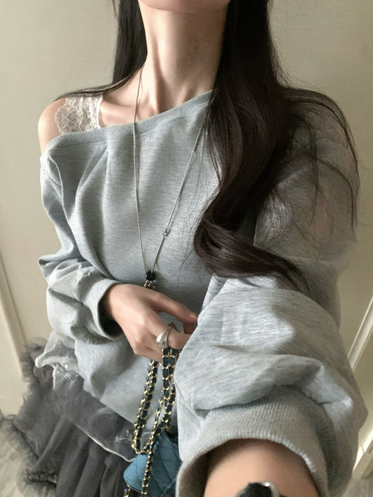 Kelly Designs Off-Shoulder Faux Layered Sweatshirt & Grey Skirt (Instock)