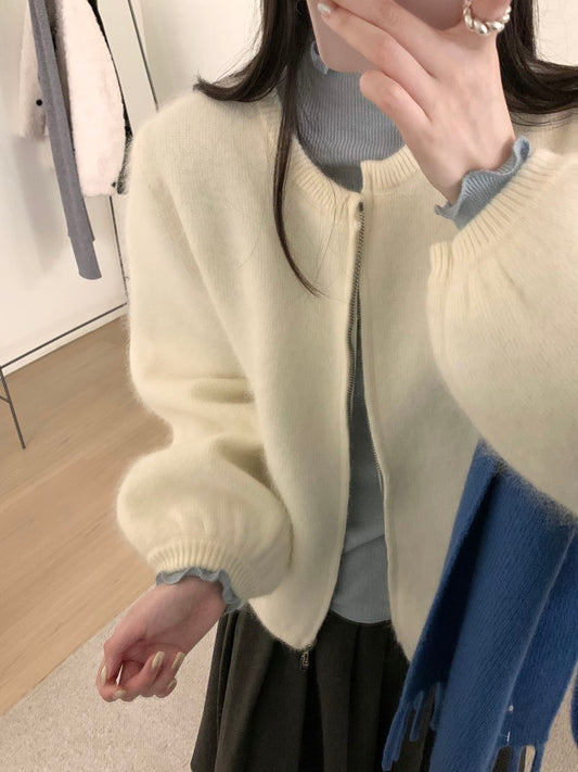 Kelly Designs Raccoon Wool Zip-Up Knit White Cardigan – Soft & Fluffy (Instock)