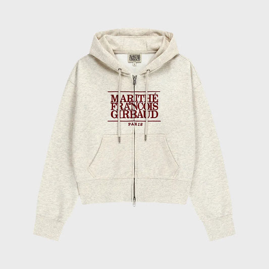 Marithe W Embroidery Classic Logo Crop Hoodie Zipup Oatmeal(Instock)
