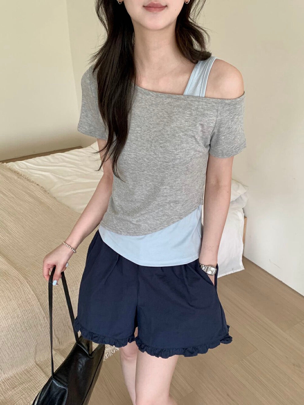 Kelly Designs Faux Layered Off-Shoulder Grey Tee (Instock)