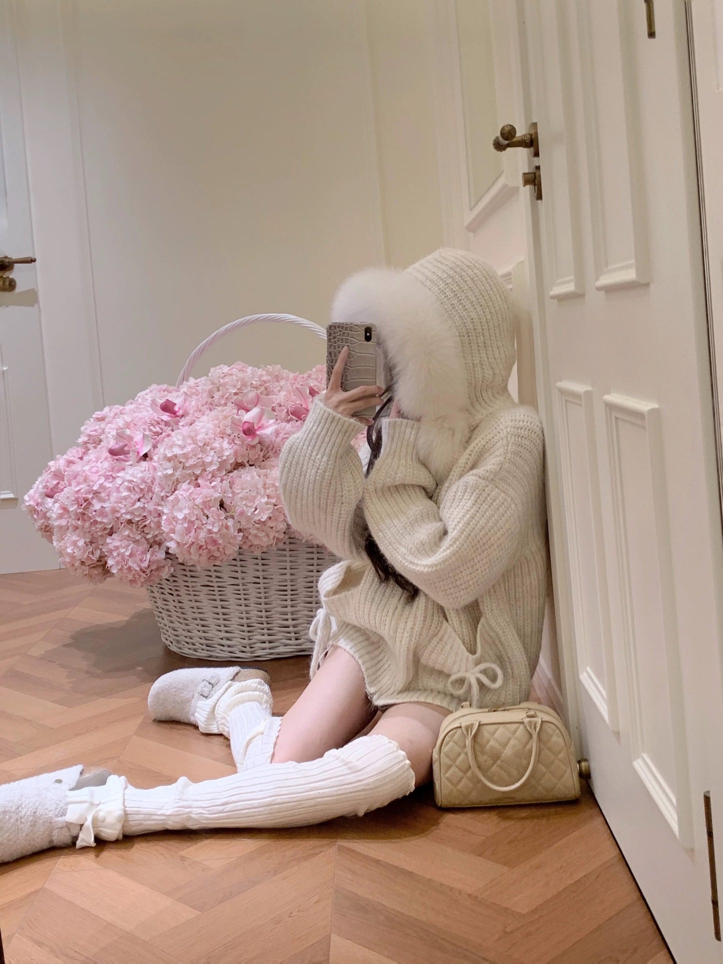 Kelly Designs Fox Fur White Zip Up Ribbons Hoodie (Instock)
