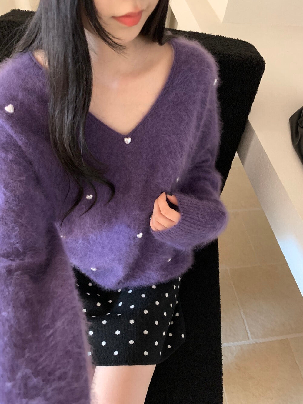 Kelly Designs Multi-Color Cashmere Wool V-Neck Pearl Brushed Sweater (Instock)