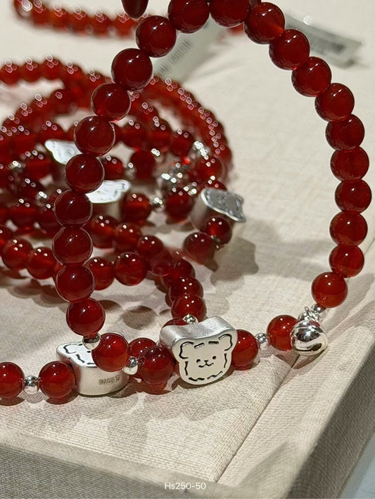 Kelly Designs Red Agate Bead Bracelet with Sterling Silver Bear Charm (Instock)