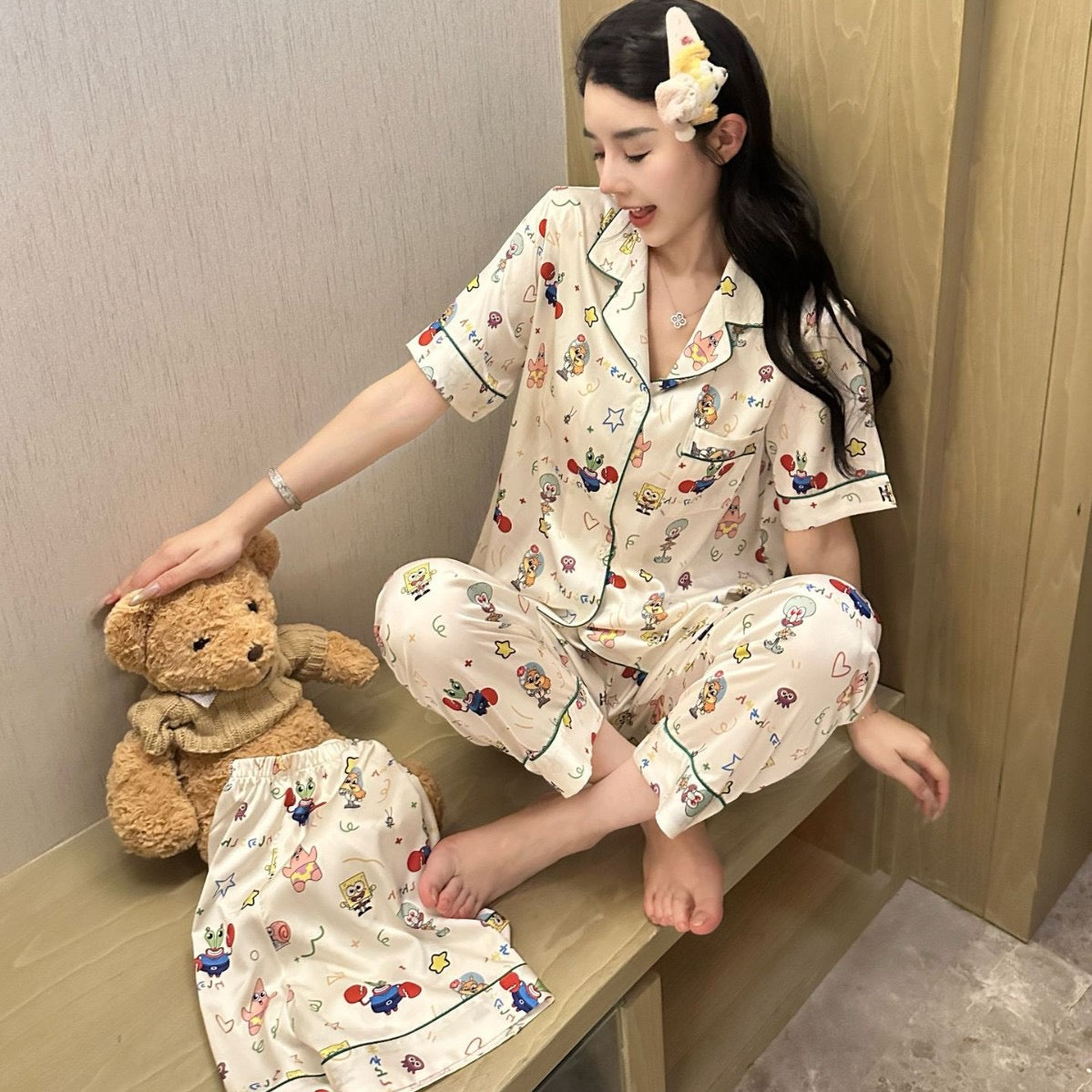 Kelly Designs Sponge Ice Silk Pajamas β Short Sleeve & Long/Short Pants 3pcs Set (Instock)