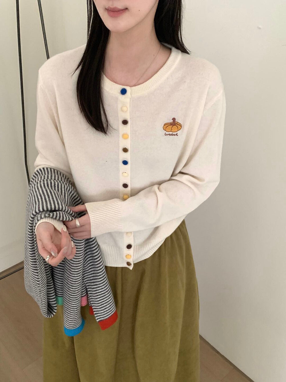 Kelly Designs Pumpkin Embroidery Wool Knit Cardigan (100% Wool) (Instock)