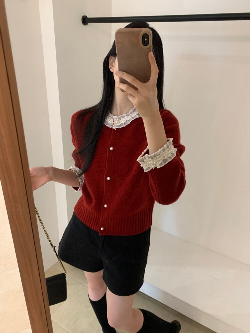 Kelly Designs 100% Wool Pearl Button Knit Red Cardigan (Instock)