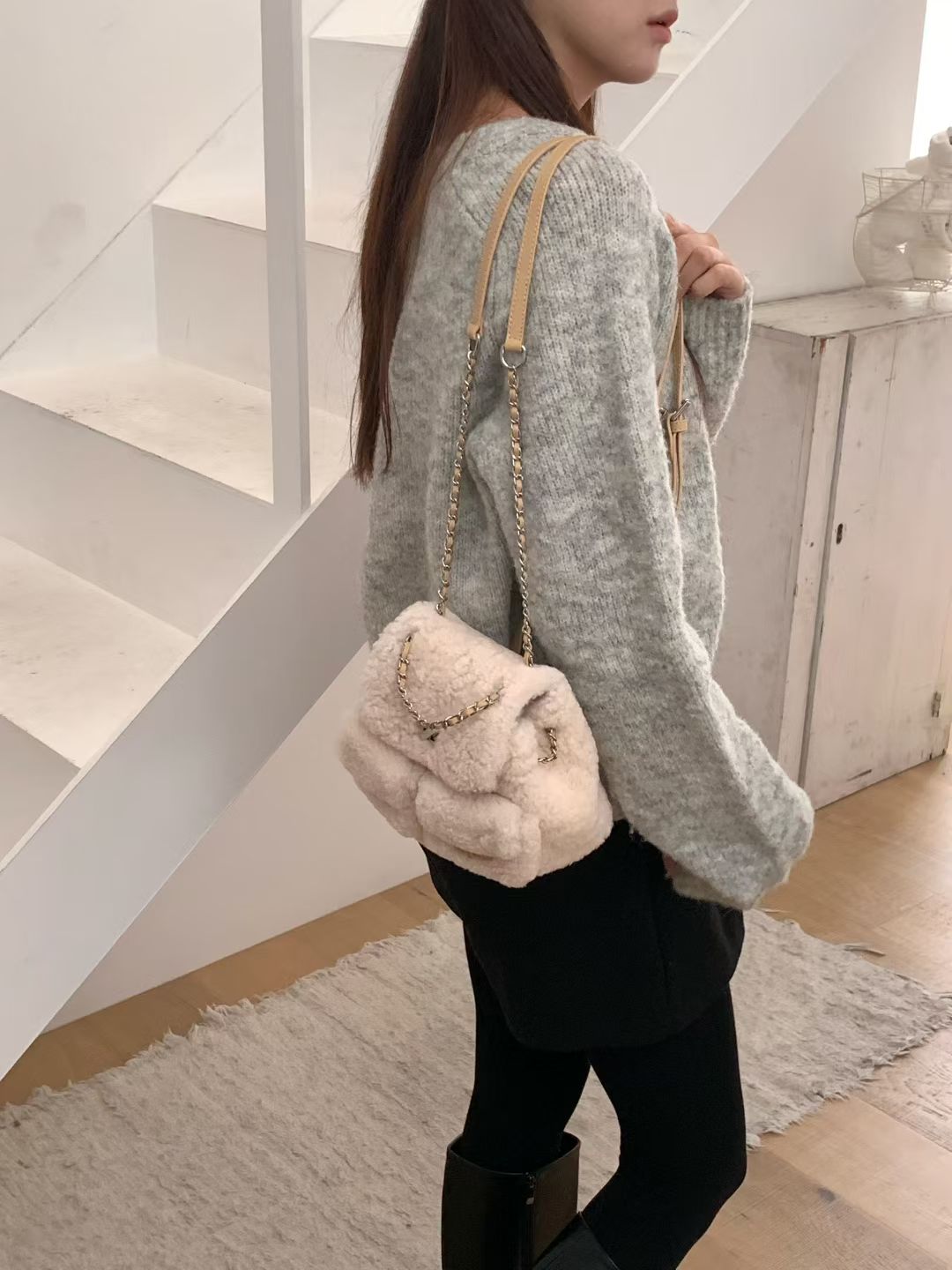 Korean APM Collection Three Colors Shearling Lampwool Backpack(Instock)