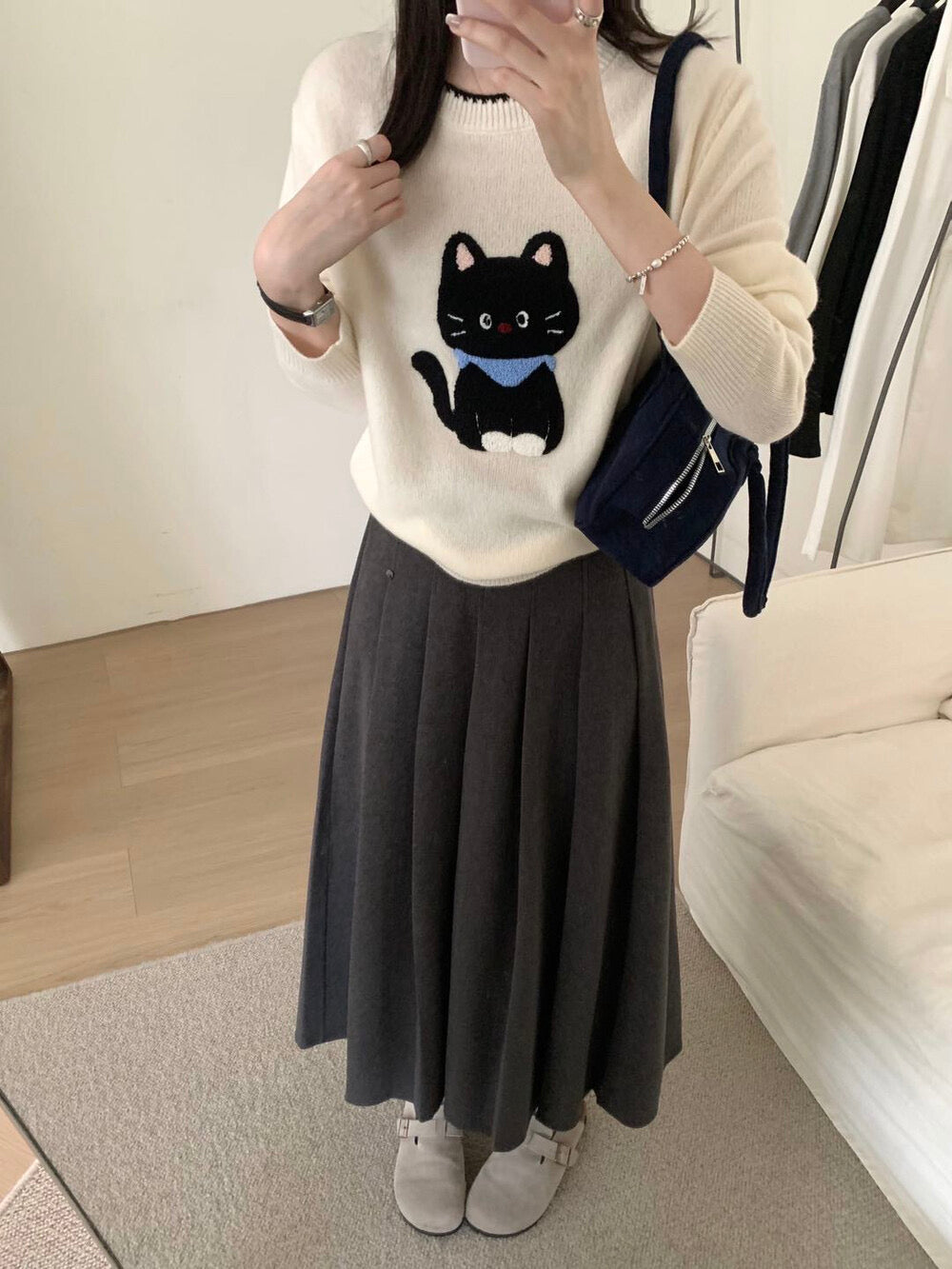 Kelly Designs “Coal Cat” Embroidery Wool Knit (100% Wool) (Instock)