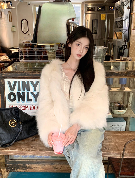 Kelly Designs Pure White Fox Fur V Neck Jacket (instock)