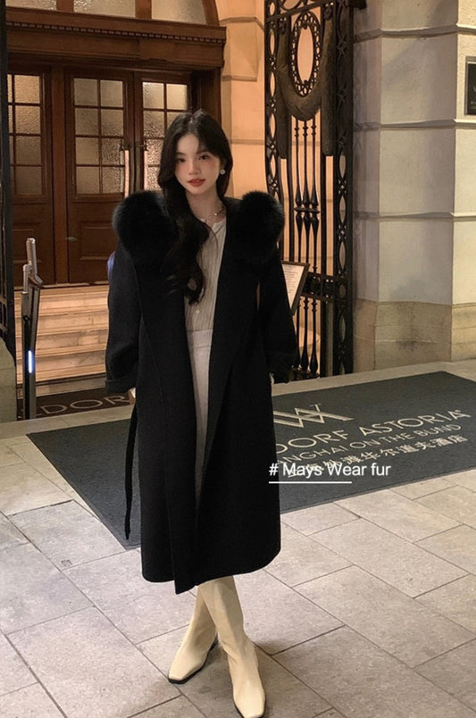 Kelly Designs 100% Wool Long Coat with Fox Fur Collar – Black (Instock)