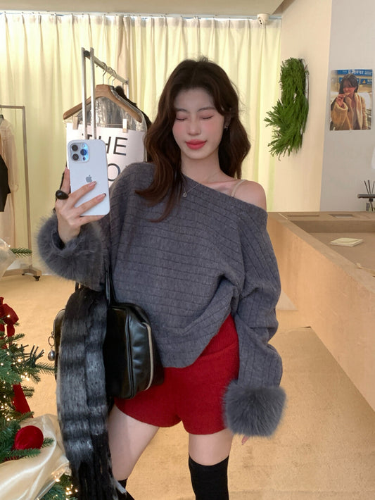 Kelly Designs French-Inspired Off-Shoulder Knit Sweater with Fur Cuffs (Instock)