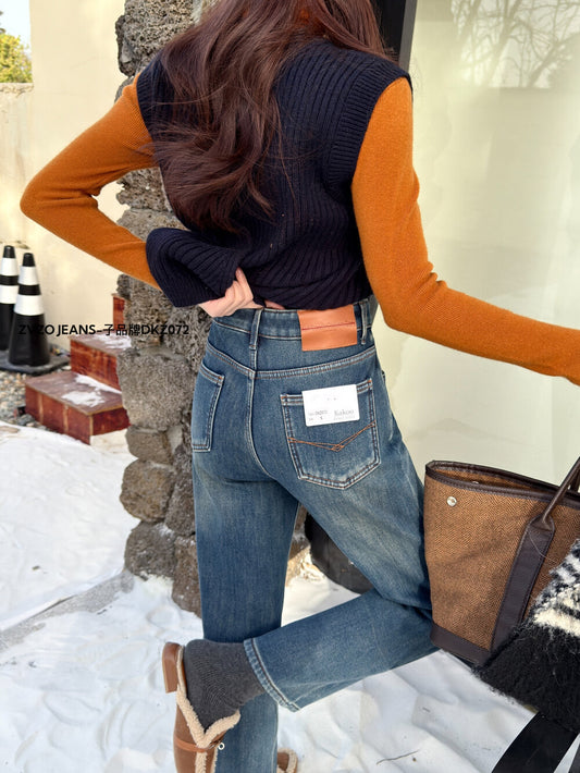 Kelly Designs Fleece-Lined Straight Denim Navy Pants(Instock)