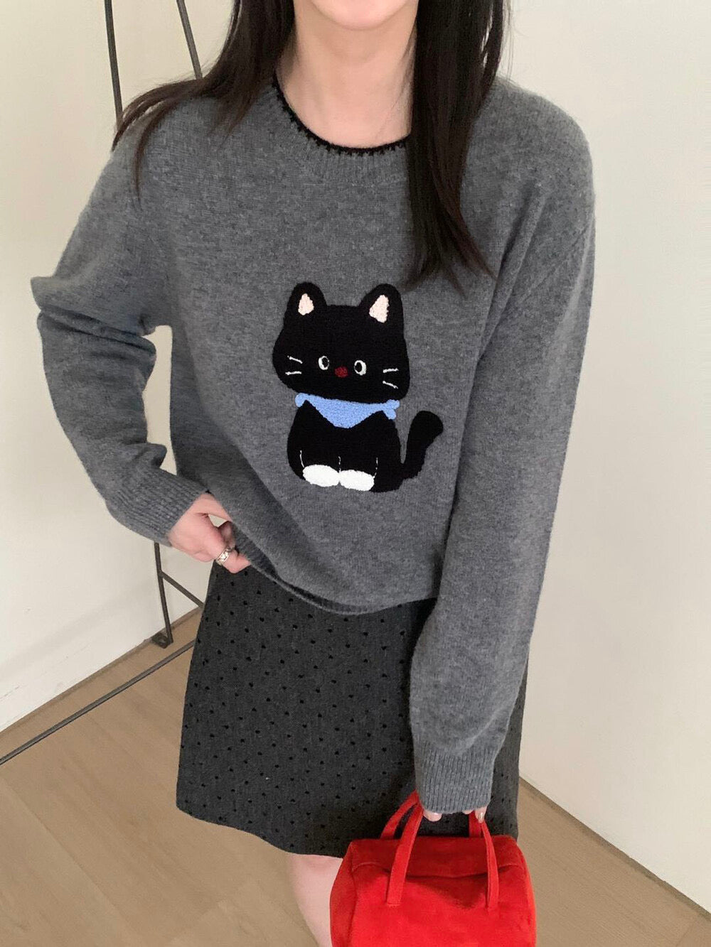 Kelly Designs “Coal Cat” Embroidery Wool Knit (100% Wool) (Instock)