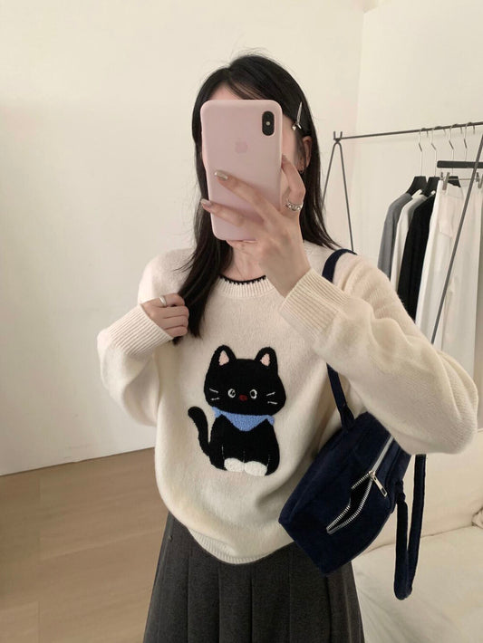 Kelly Designs “Coal Cat” Embroidery Wool Knit (100% Wool) (Instock)