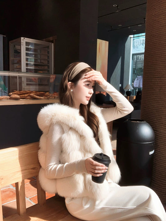Kelly Designs Fox Fur Hoodie Vest- Pure White (Instock)
