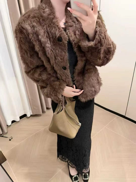 Kelly Designs Natural Curly Faux Lamb Fur Coat – Eco-Friendly Plush Winter Brown Jacket (Instock)